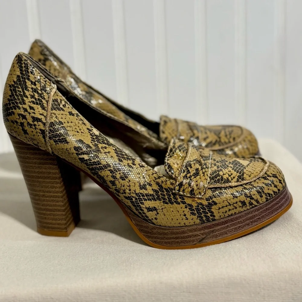 Y2K Mudd Platform Loafer Heels Snakeskin Print Chunky Block Heel Women's Size 6‎